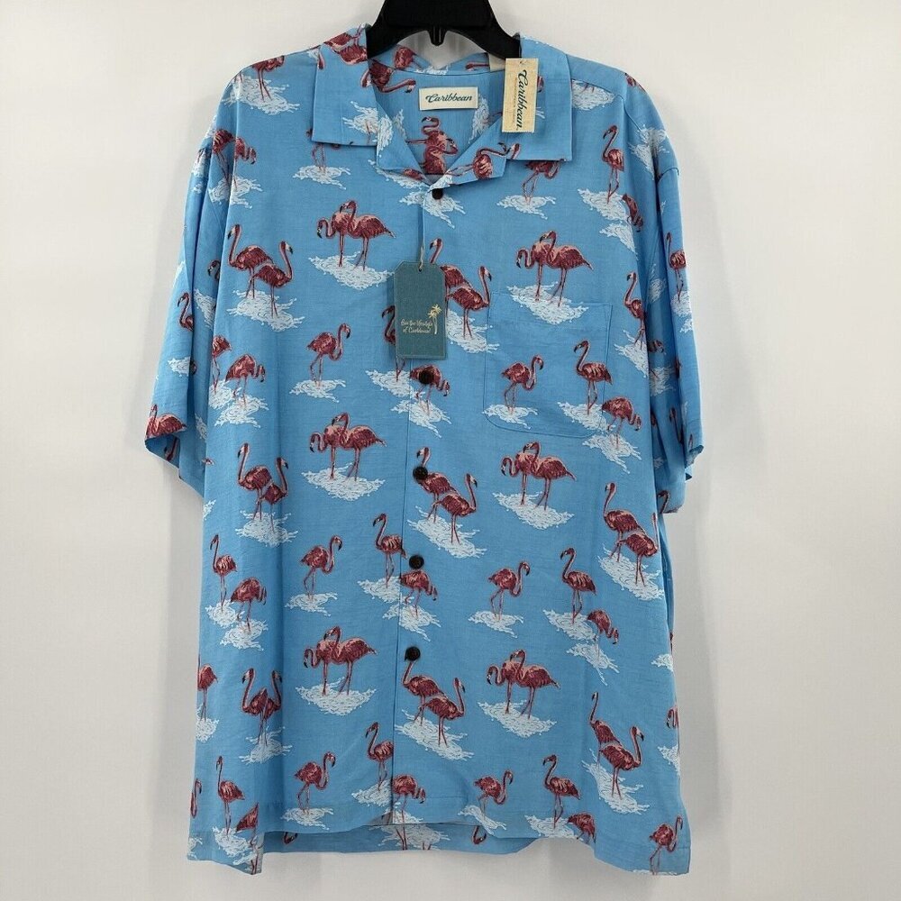 NEW Roundtree & Yorke Caribbean Short Sleeve Shirt XL Turquoise Blue Flamingos